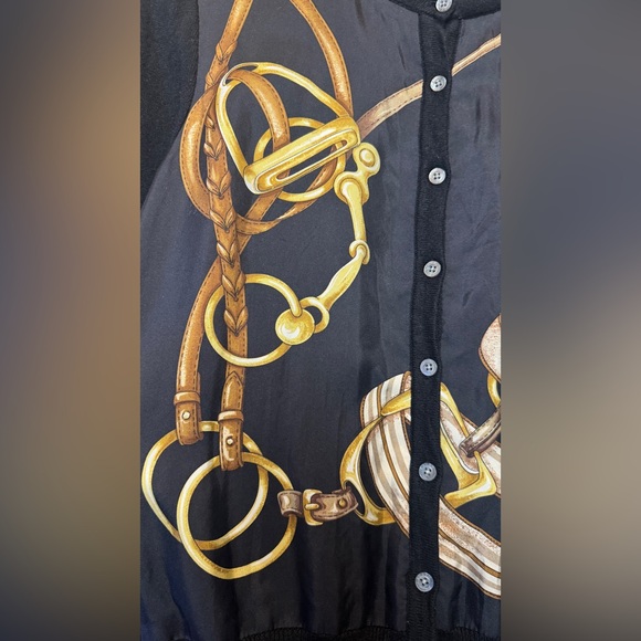 Lauren Ralph Lauren silk & cashmere equestrian print cardigan black - Picture 3 of 8